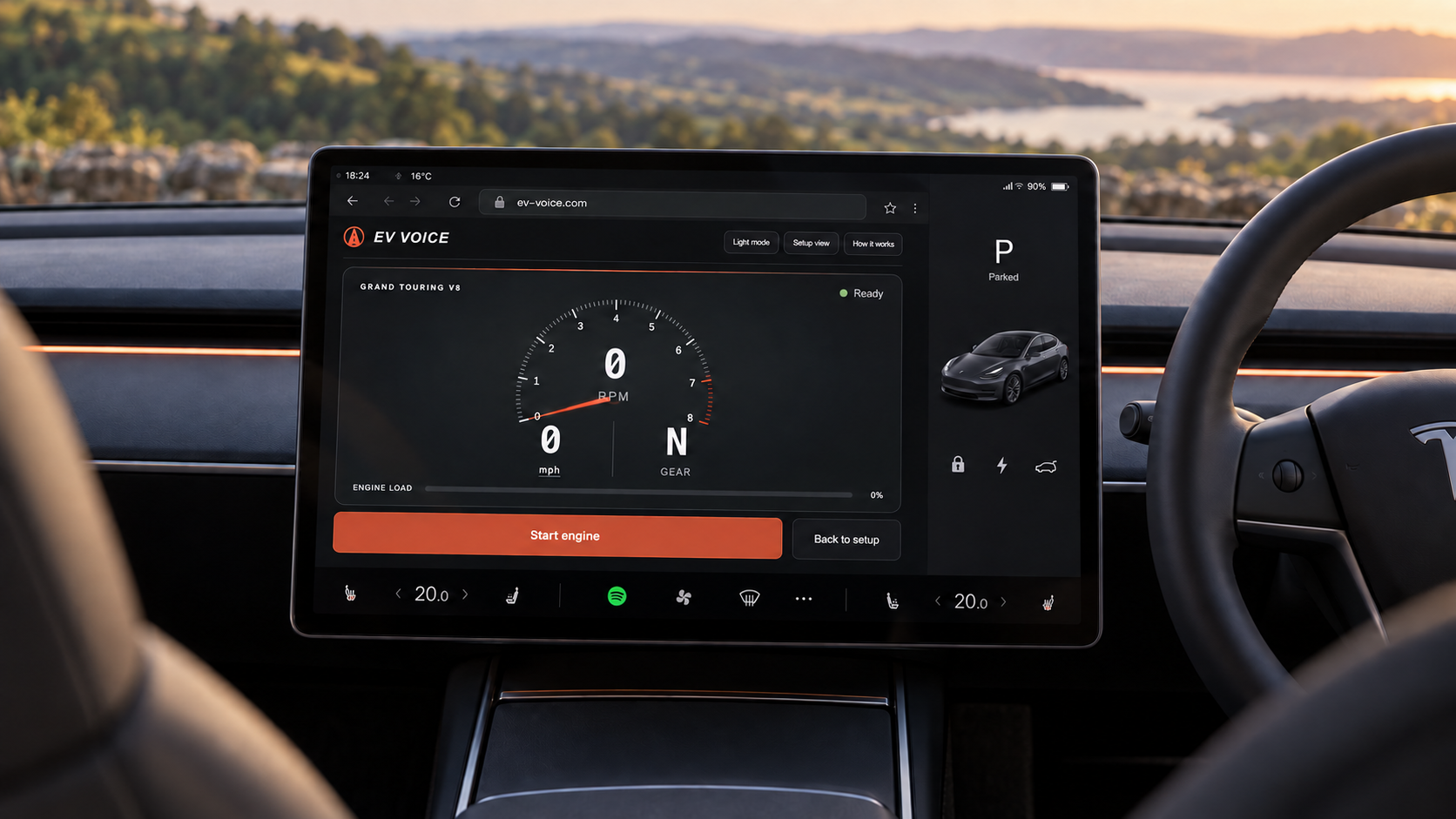 Concept of EV Voice’s orange and black dashboard on a Tesla centre screen, parked overlooking the countryside